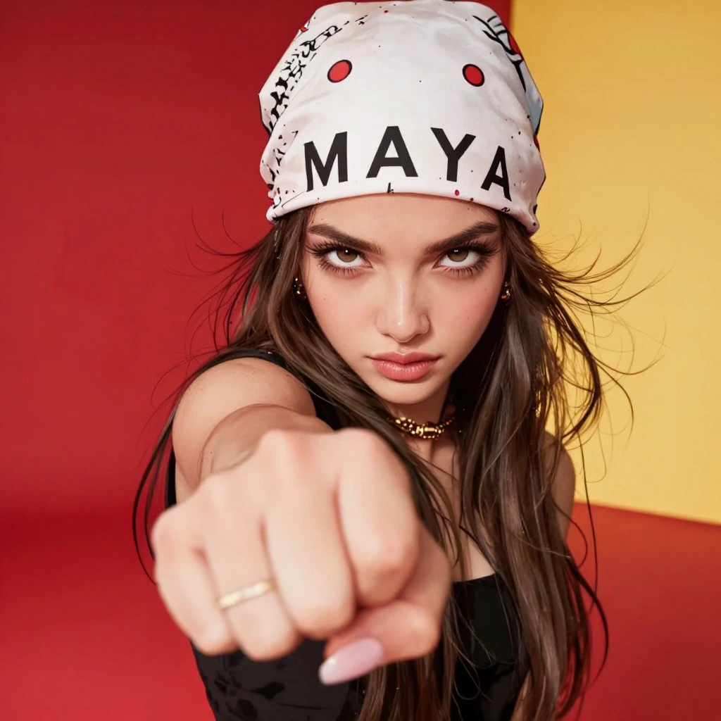 The image portrays a young woman with long hair wearing a bandana on her head that says MAYA and she down in front of a red wall or floor, which adds 
