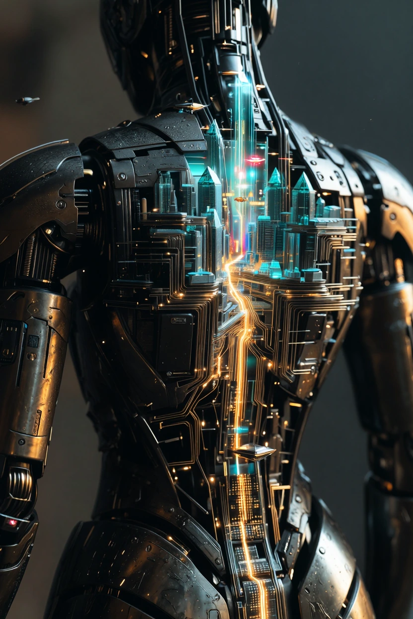 A breathtaking macro close-up of a futuristic cyber robot's exposed chest cavity, revealing an intricate programming circuit board where a functional 