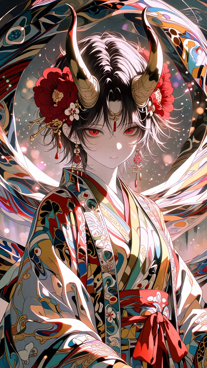 Anime-style oni-inspired character portrait, half-body centered composition, pale skin and vivid red eyes, short dark slightly tousled hair adorned wi