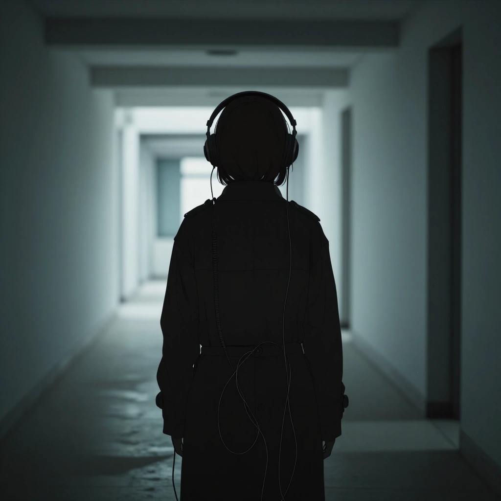 # Solitary Listener A solitary figure stands in a stark, minimalist corridor, shrouded in an oversized black coat. Large headphones completely obscure their head, creating an ominous, featureless silhouette. A coiled cable drapes down their body like