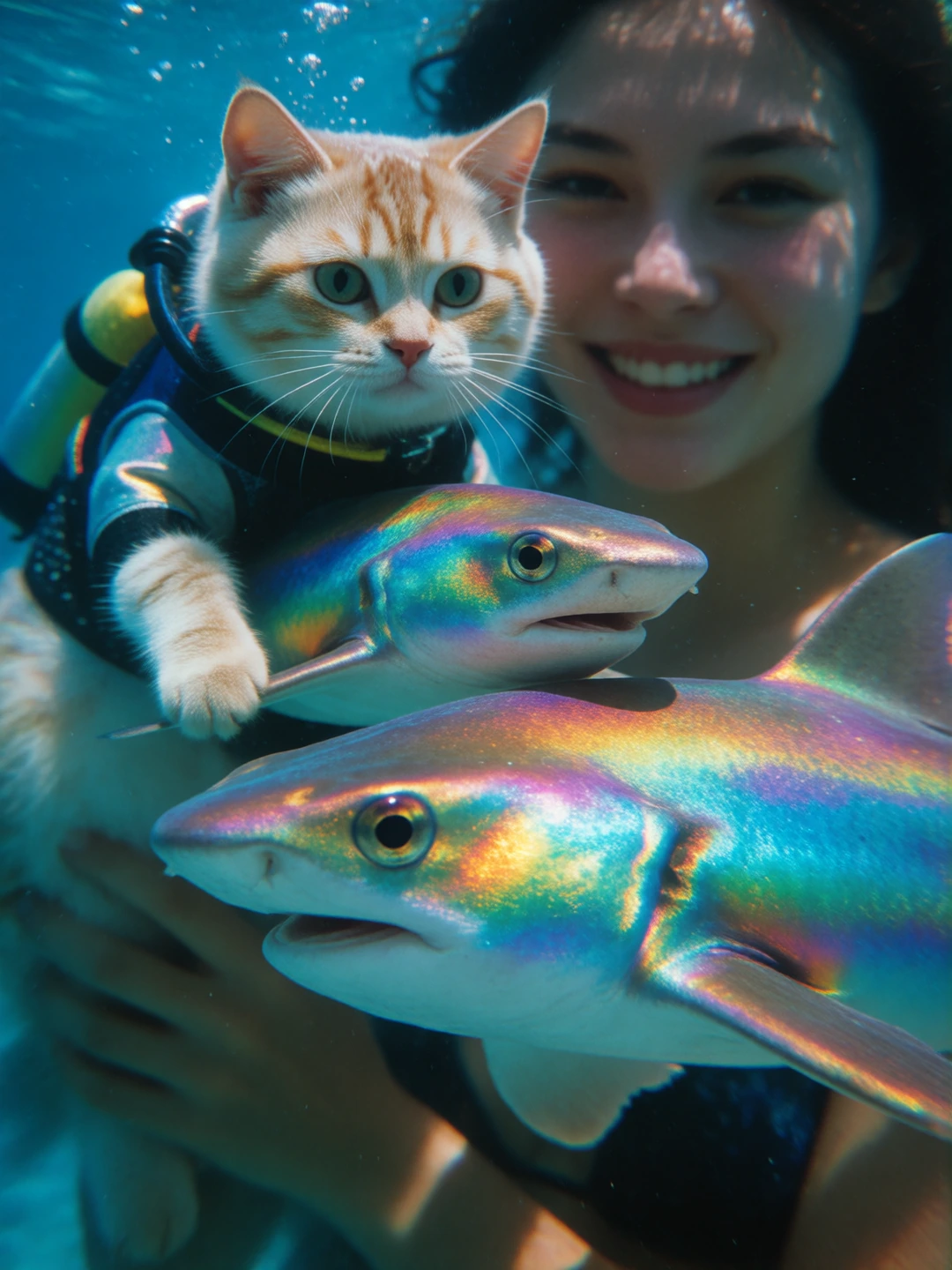 Beautiful iridescent sharks with rainbow skin. Swimming with a woman and her cat. The cat has a little scuba outfit on. Close-up shot.