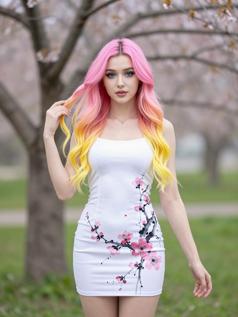 Beautiful Woman pink yellow ombre hair, blue eyes, spring aesthetic, ink cherry blossom designs minidress, fun day