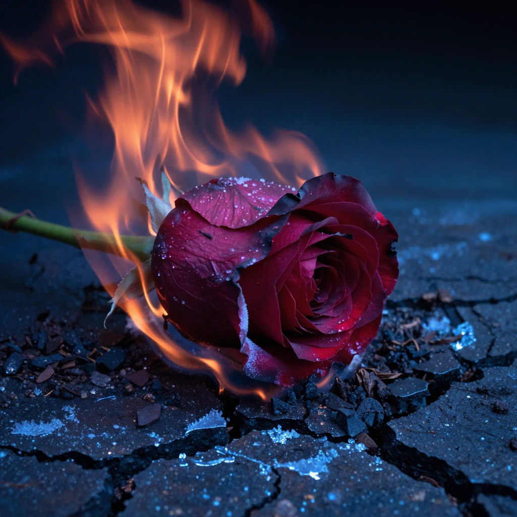 a deep red rose partially consumed by flames, petals charred and curling away, stem still glowing fr…