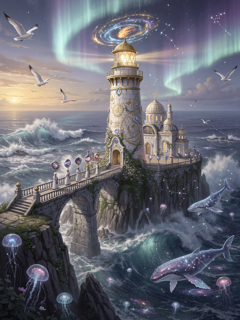 A magnificent ancient lighthouse stands alone atop towering sea cliffs at the very edge of the known world, where the ocean meets a sky filled with floating constellations and shimmering auroras. The lighthouse is built from luminous white stone with
