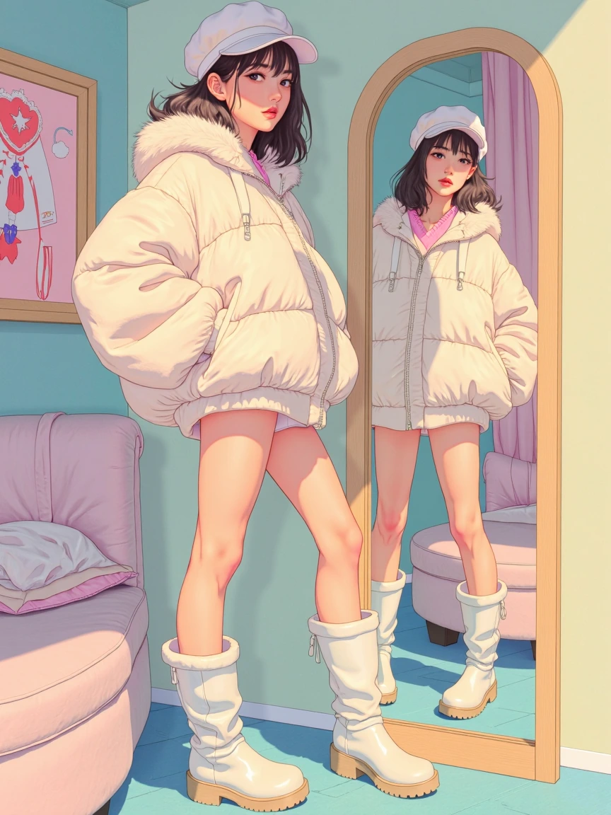 Beautiful woman, modeling clothes, looking at herself in the mirror, boots, pastel colors, realistic, anime