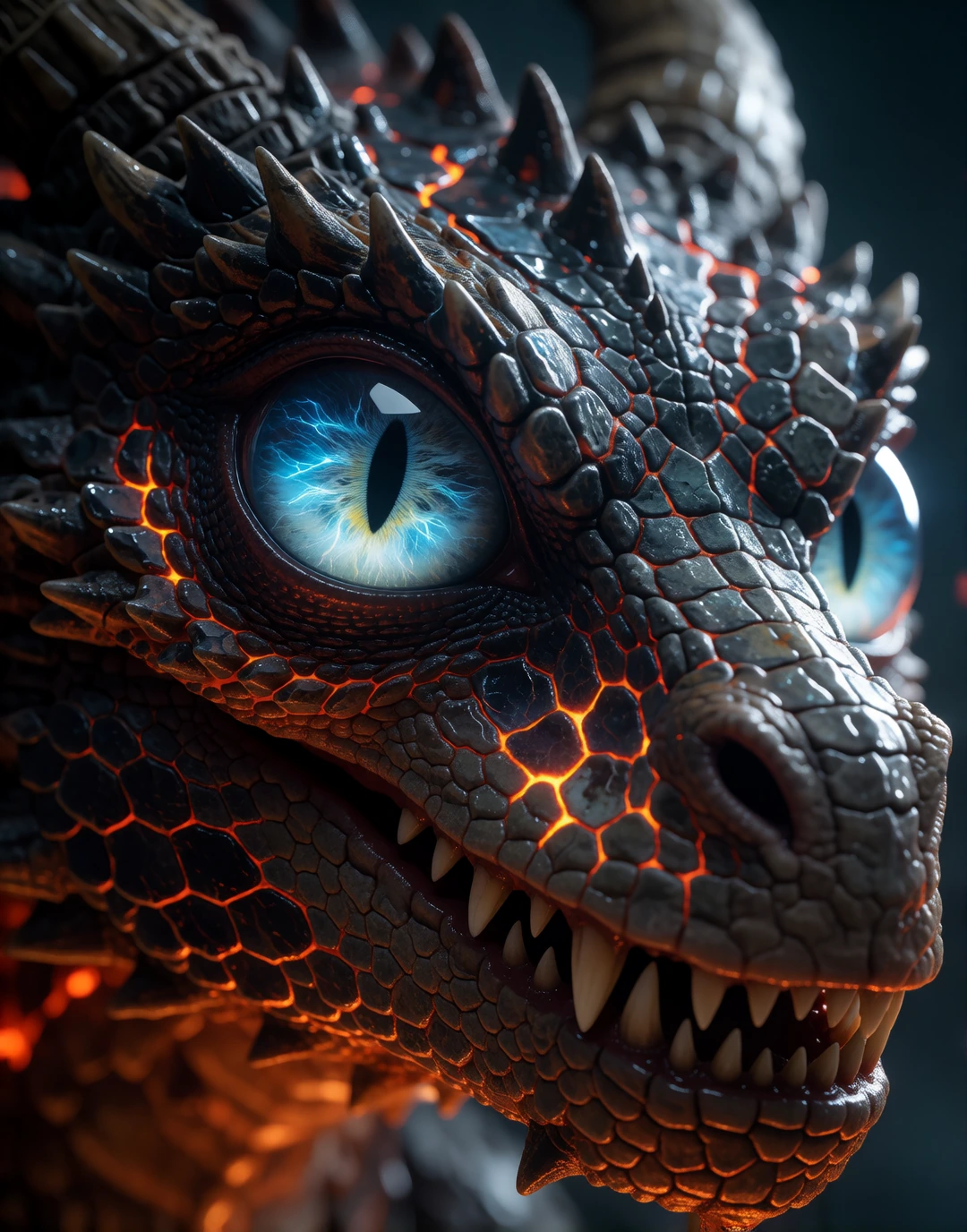 A demonic, dragon-like creature with rugged, scorched, lava-cracked scales. The creature’s eyes are the main focus: radiant, electric blue with smooth gradient transitions from deep sapphire outer ring to bright cyan-white core, layered crystalline f
