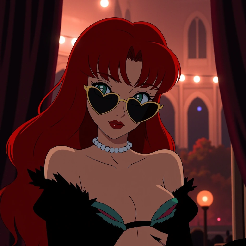 ariel, disney mermaid 1girl, fair skin, red lips, red hair, large aqua eyes, goth outfit, torn revealing clothes, goth makeup, looking at viewer, she is wearing 70s heart shaped sunglasses and pearls