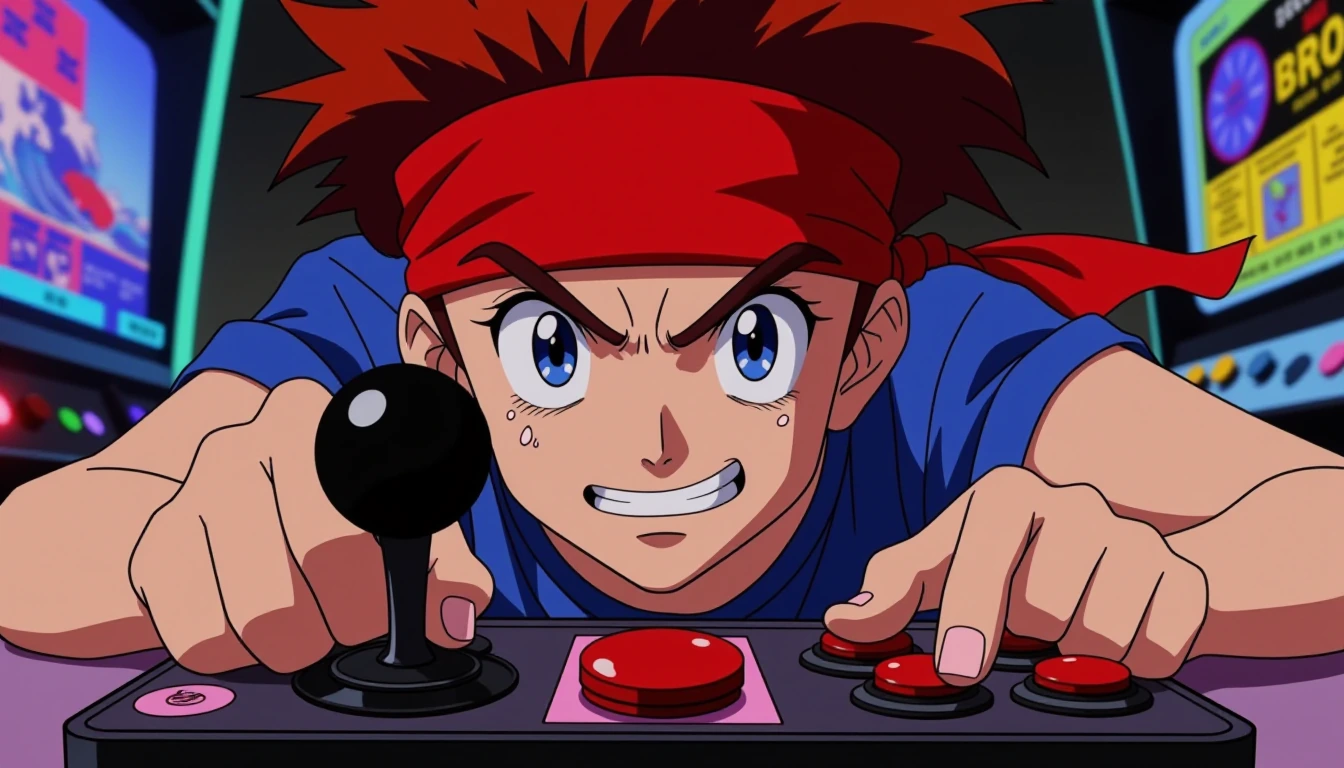 a determined boy with piercing blue eyes and fiery red hair, wearing a bright red headband across his forehead, mid-gaming moment with a classic black