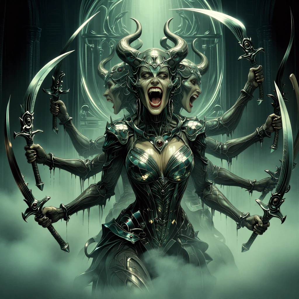 Mirror Demon: The demon appears as a humanoid female figure with three faces (one on either side of…