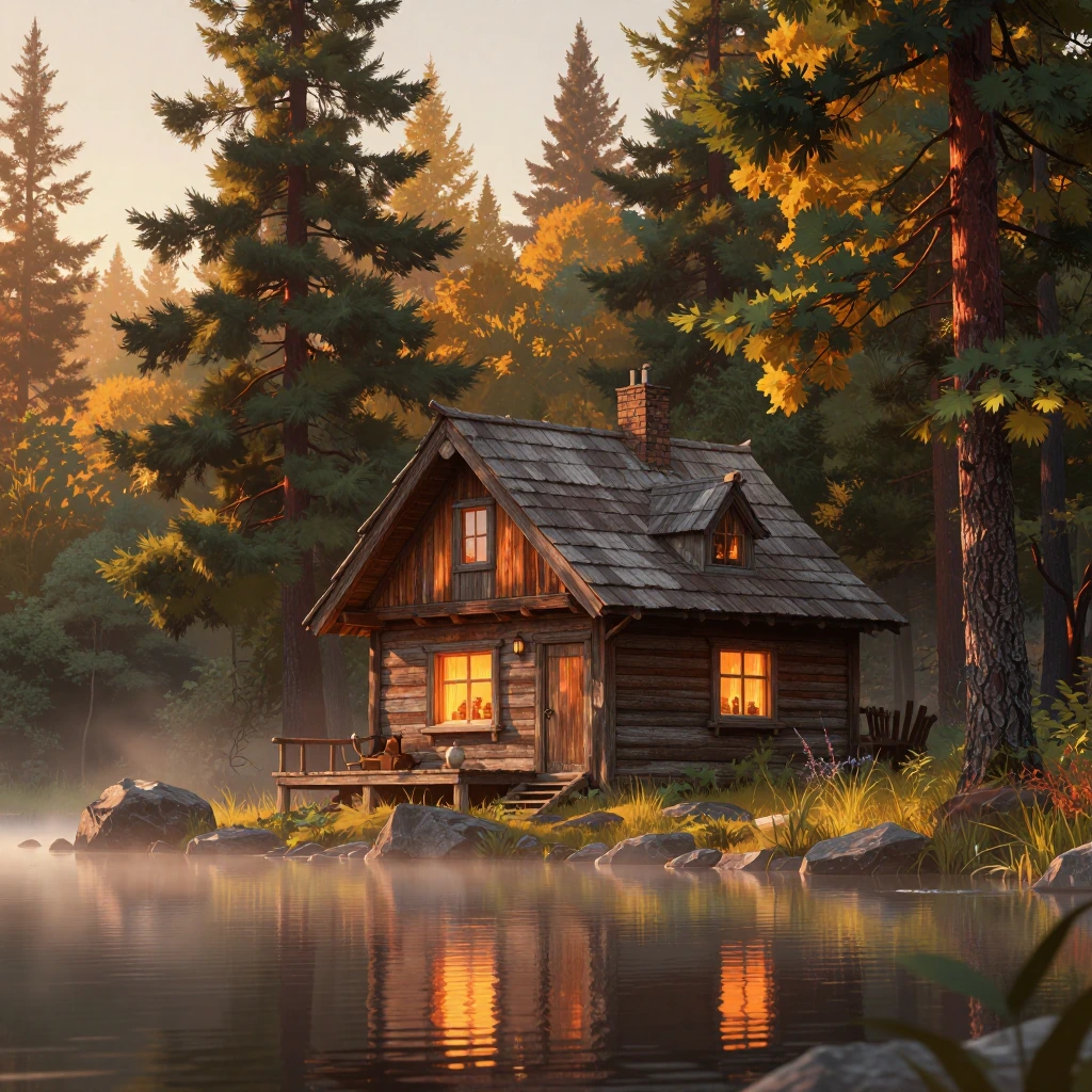 a larger wooden cabin nestled in a dense forest by a still lake at golden hour, warm amber sunlight…