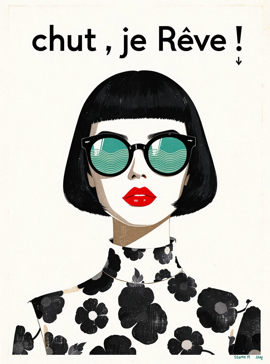 A flat, mid-century modern-inspired graphic illustration, created on off-white textured paper, depicting a stylised woman wearing sunglasses. The face of a very fashionable woman, depicted in a minimalist, graphic style reminiscent of 1960s poster ar