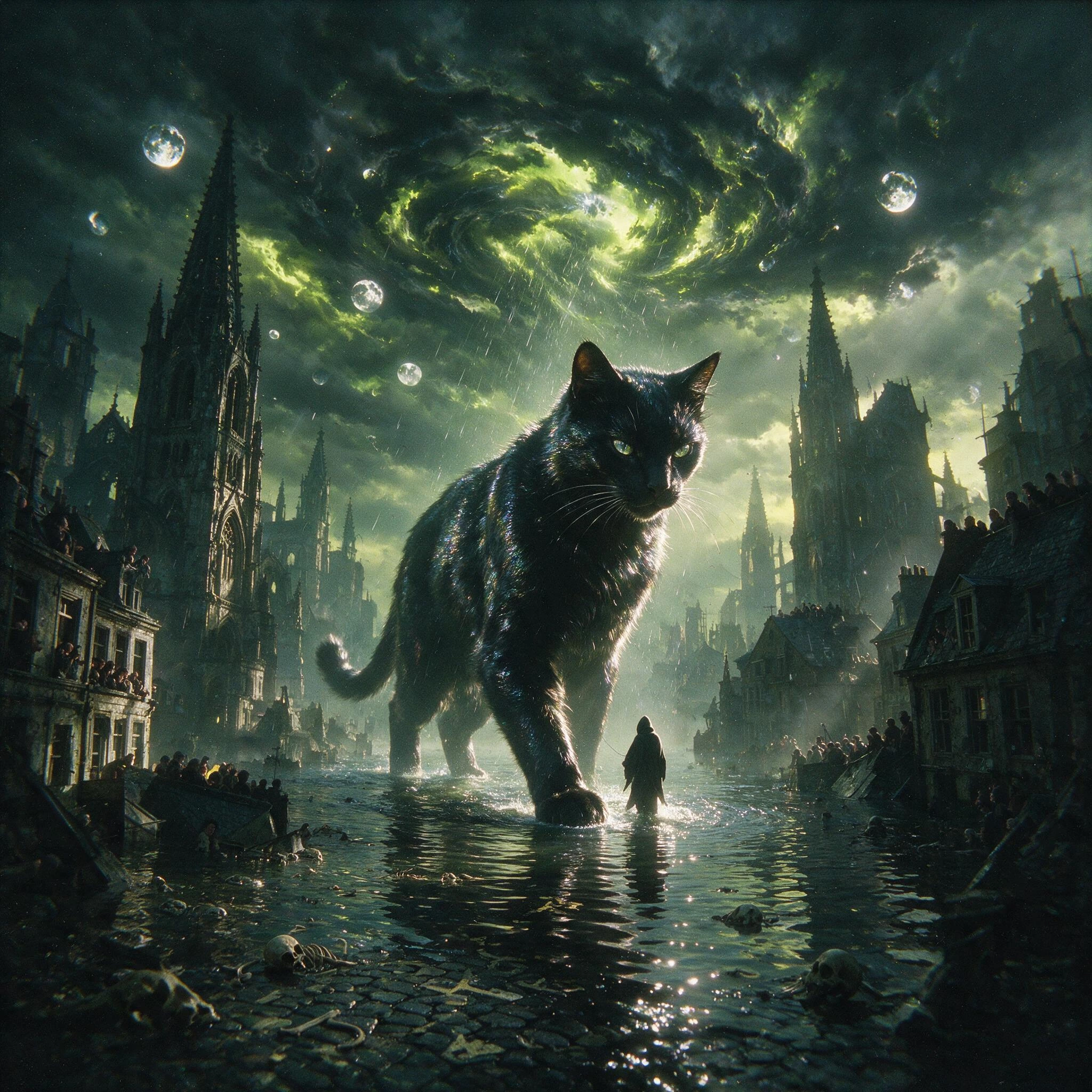 At dawn, a colossal black cat deity emerges from the flooded urban ruins: its silhouette towers over the submerged cathedrals, its silvery, iridescent fur like a sheen of oil, its eyes gleaming with predatory intelligence and cosmic depth. The creatu