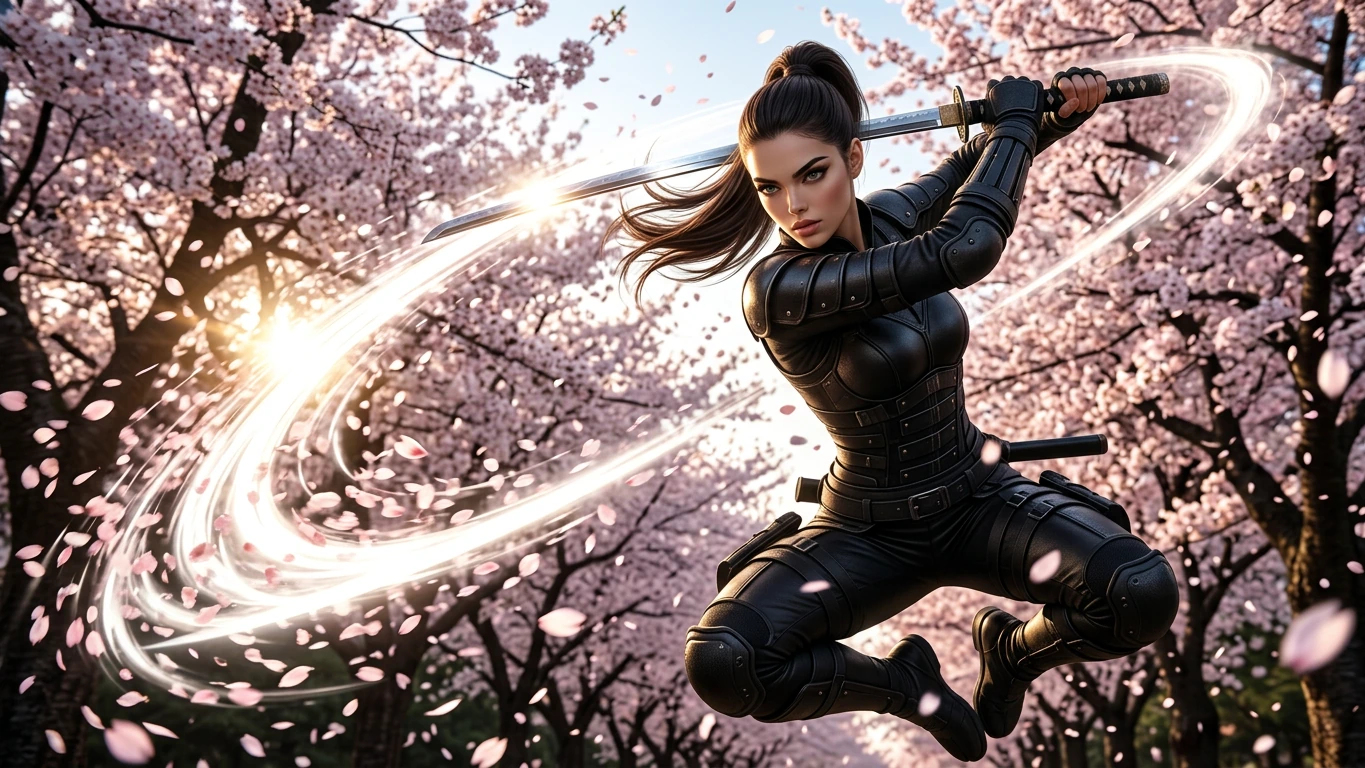 Cinematography, fantasy martial arts style, realism, 8k resolution, masterpiece, in the cherry blossom forest, (a heroic young female warrior with deep green eyes, long soft dark brown hair tied into a high ponytail, wearing black tight Combat leathe