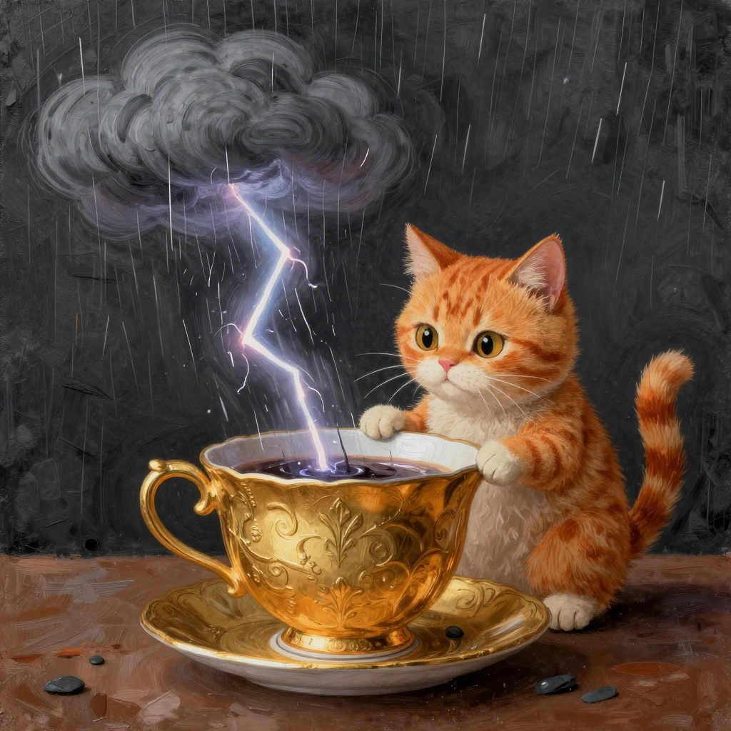 Whimsical folk art scene of a curious orange cat peering into a golden teacup where a miniature thunderstorm rages with rain and wind, textured artistic rendering