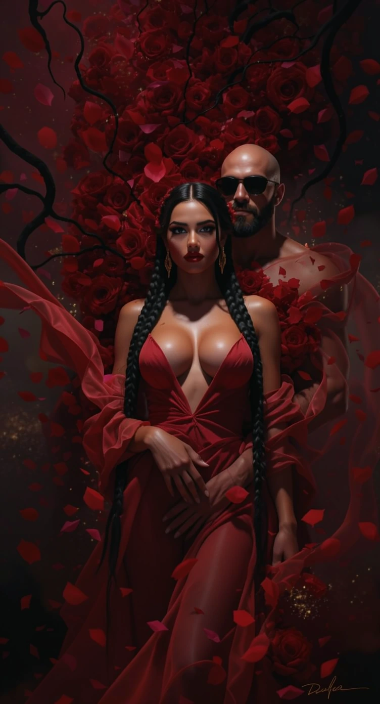 A cinematic, semi-realistic painting of a bombshell brunette woman with two long braids standing at the heart of a lush explosion of deep crimson blooms. Velvet roses and exotic flowers unfurl around her like living silk, their petals drifting slowly
