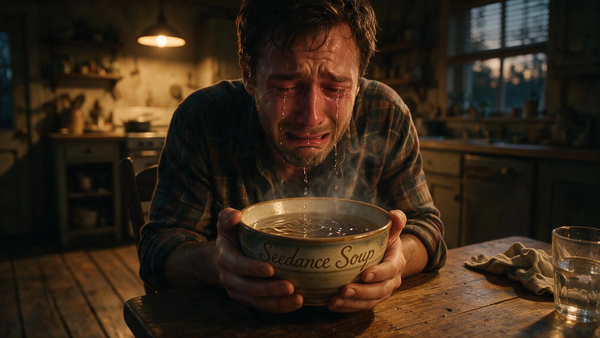 Capture a close-up shot of a heartbroken man sitting alone at a worn wooden table, his face contorted in raw anguish as thick tears stream continuously from his reddened eyes, cascading down his stubbled cheeks and dripping steadily into a simple cer