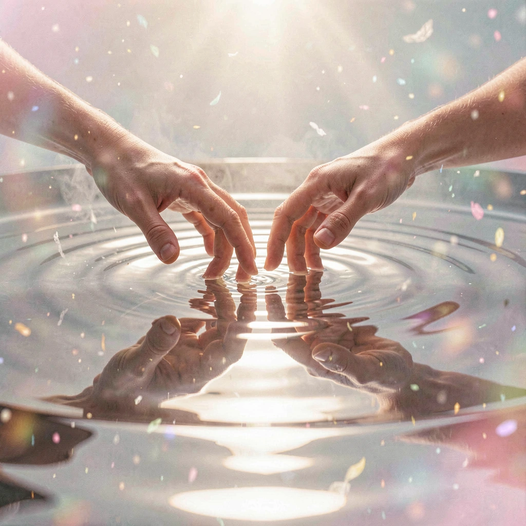 Two hands reaching toward each other across a vast pool of liquid mercury, fingertips nearly touching, perfect reflections warping and distorting in the metallic surface, ripples creating abstract patterns, soft dramatic lighting from above, intimate