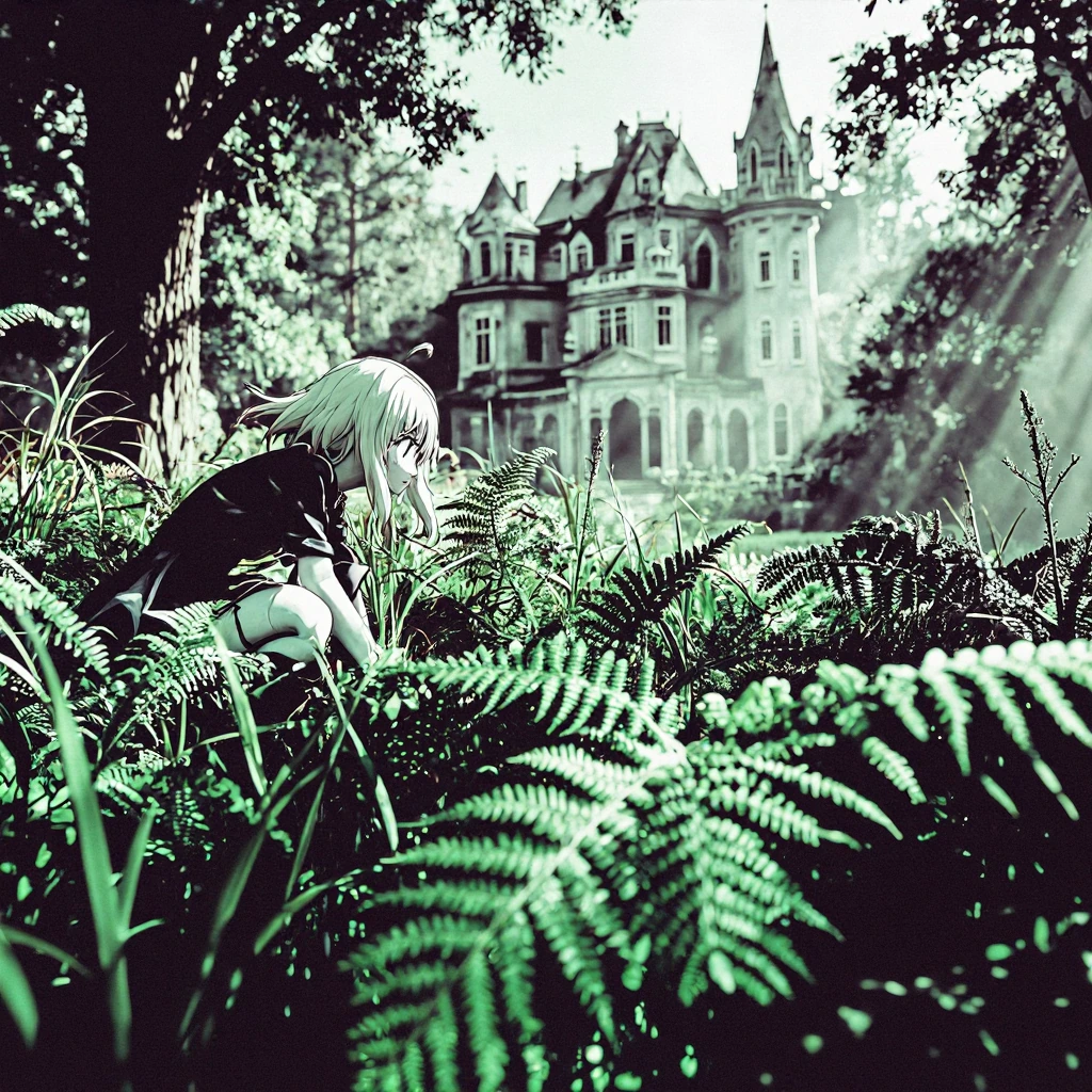 year 2025, newest, score 9, score 8, best quality, masterpiece, highres, horror mansion background Monochrome, Serval \(kemono friends\) is crouching 