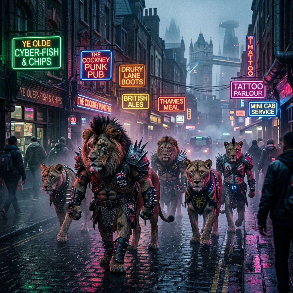 A pride of lions dressed in punk rock armour make there way through the cyberpunk city of London, Neon-Signs advertise traditional British shops and services. While a mist from the Thames reflects the neon lights lending an unnatural Illumination the
