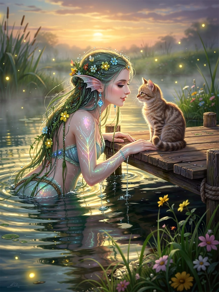 River nymph come in halfway out of the water at the dock looking lovingly at a cat, vibrant