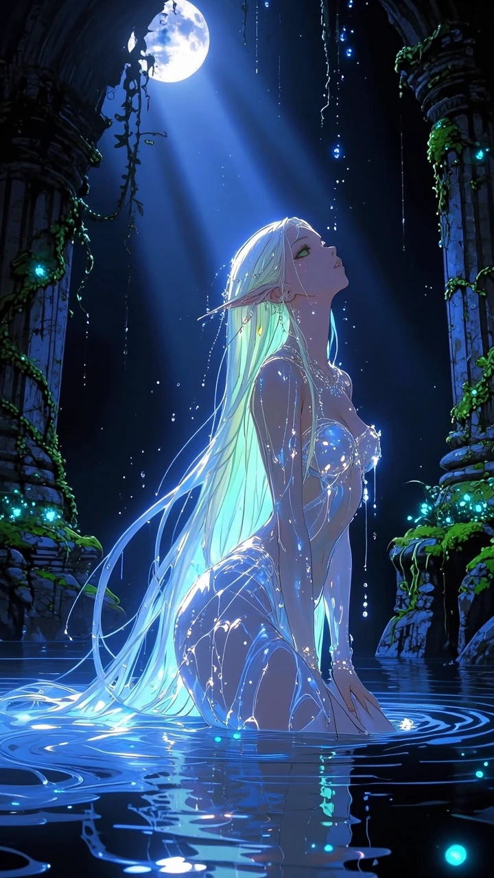 A breathtaking ethereal water nymph gracefully emerging from a mystical moonlit lake surrounded by ancient stone ruins overgrown with glowing bioluminescent vines and moss. She has long, flowing hair that merges seamlessly with the water, translucent