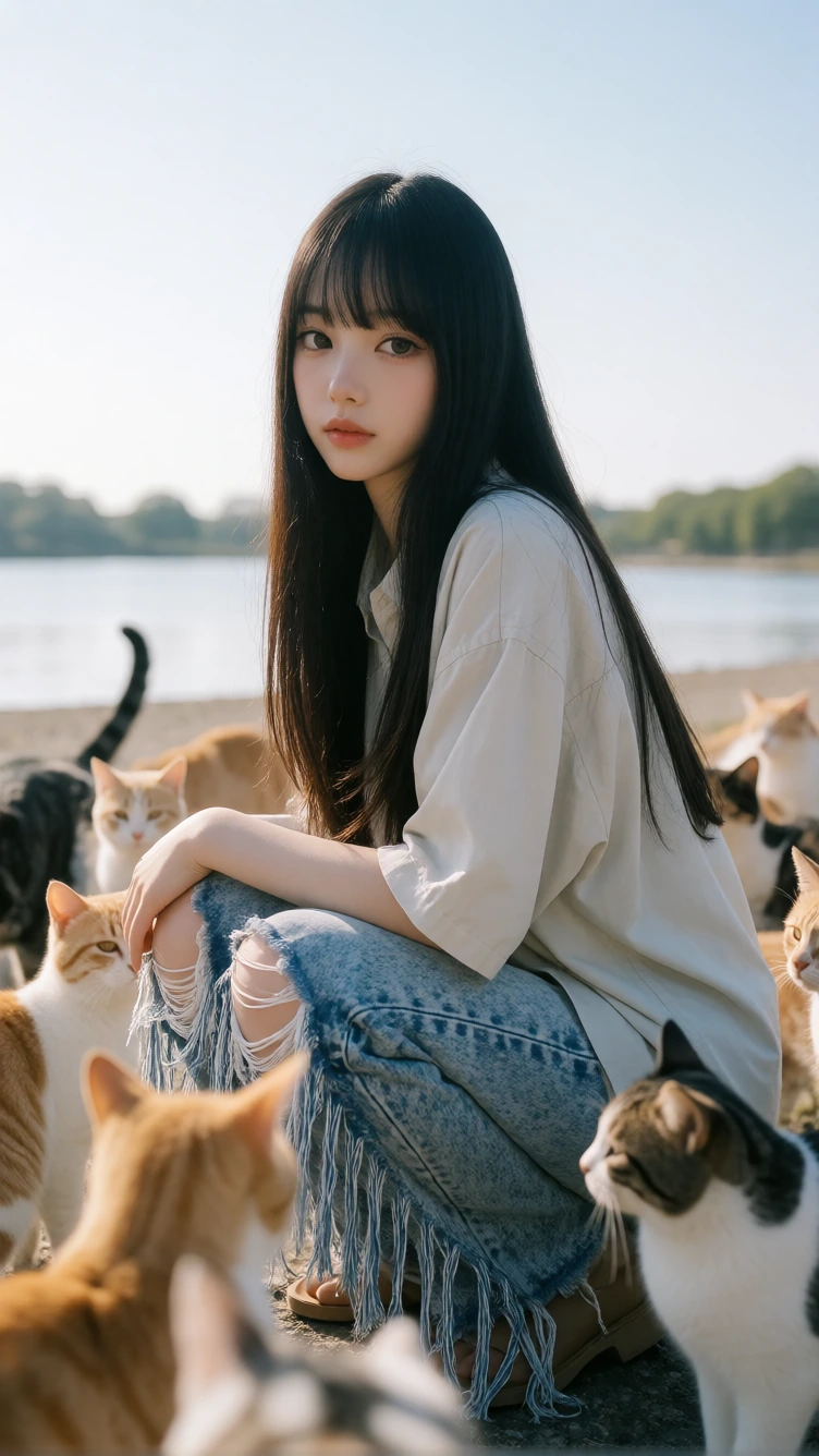 Hyper realistic, anime woman surrounded by cats. Long slinky black hair with bangs. She wears an oversized shirt with acid washed distressed blue jean fringed cutoffs. Very soft ink outline, lake in the distance, sunny day, summertime