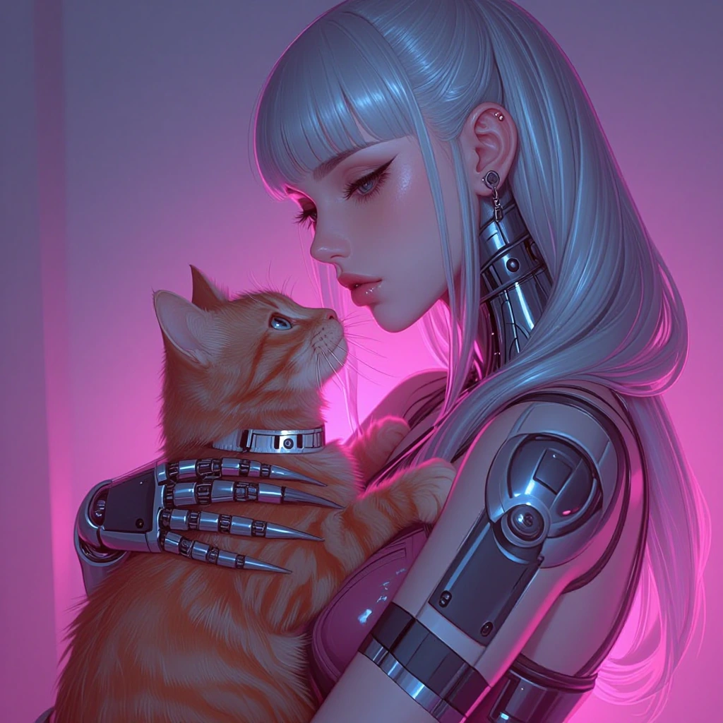 A graceful cyborg woman with flowing silver hair extensions and delicate mechanical fingers playing with a curious orange kitten, surrounded by soft n