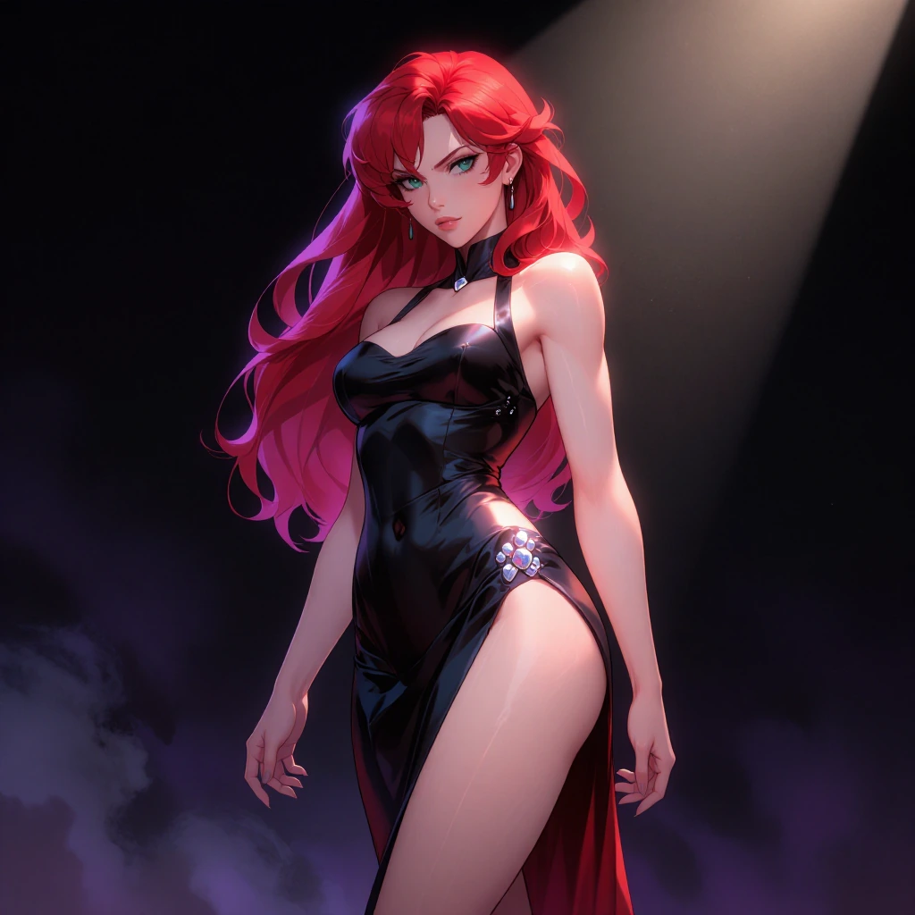 elegant anime woman with long vibrant crimson hair and sharp emerald eyes, wearing a black and red silk gown with a dramatic thigh-high slit and scatt