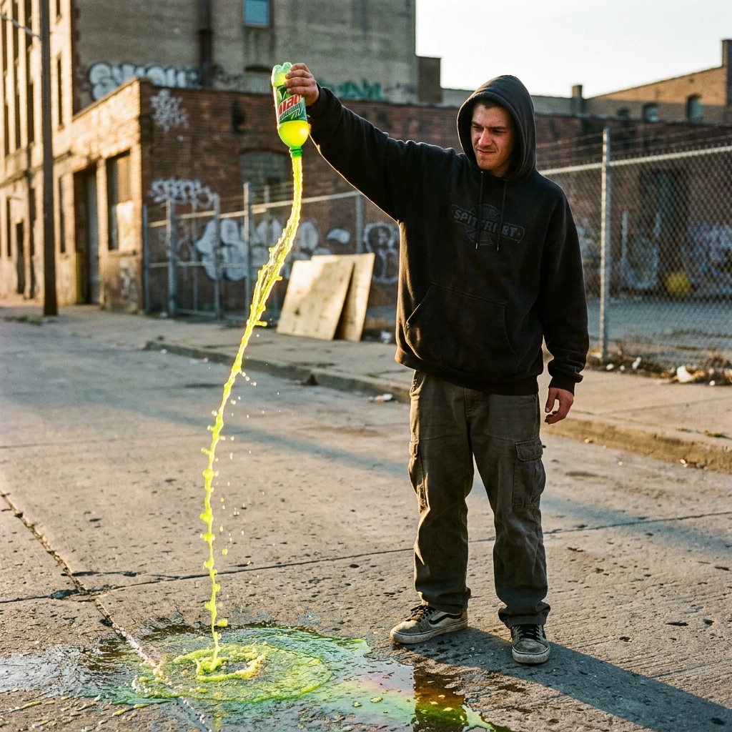 A man in streetwear standing in an empty urban street at golden hour, pouring Mountain Dew from a bottle in a deliberate arc that catches the low sunlight—the neon-yellow liquid and its splash rendered in sharp, almost fluorescent detail against the 