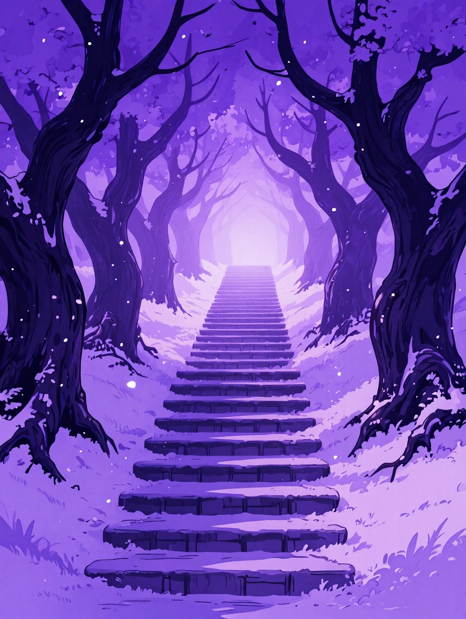 # Ethereal Purple Pathway A mesmerizing staircase ascends into a dreamlike purple landscape, blanketed in soft snow. Gnarled, moss-covered trees with 