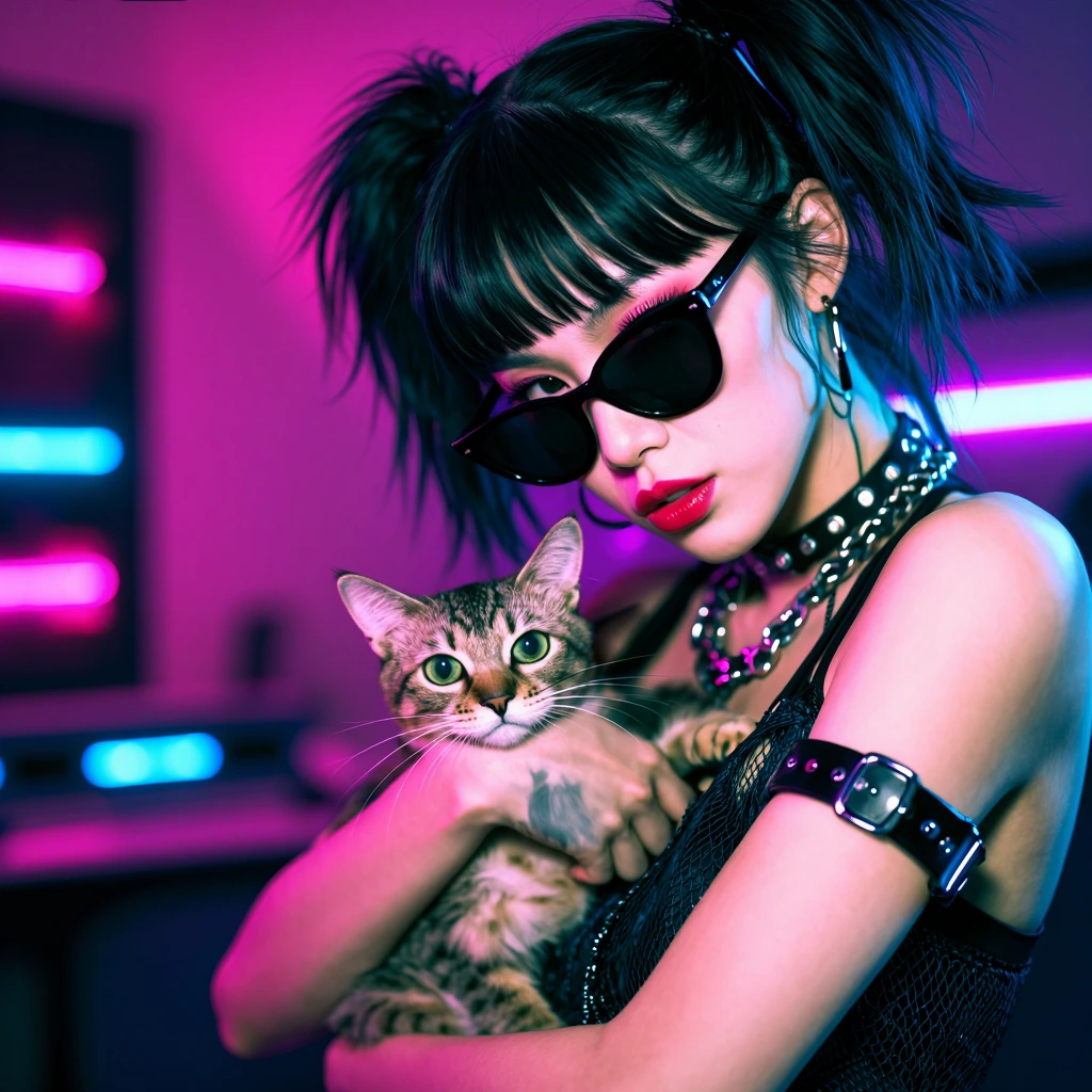 Synthwave woman with a cat