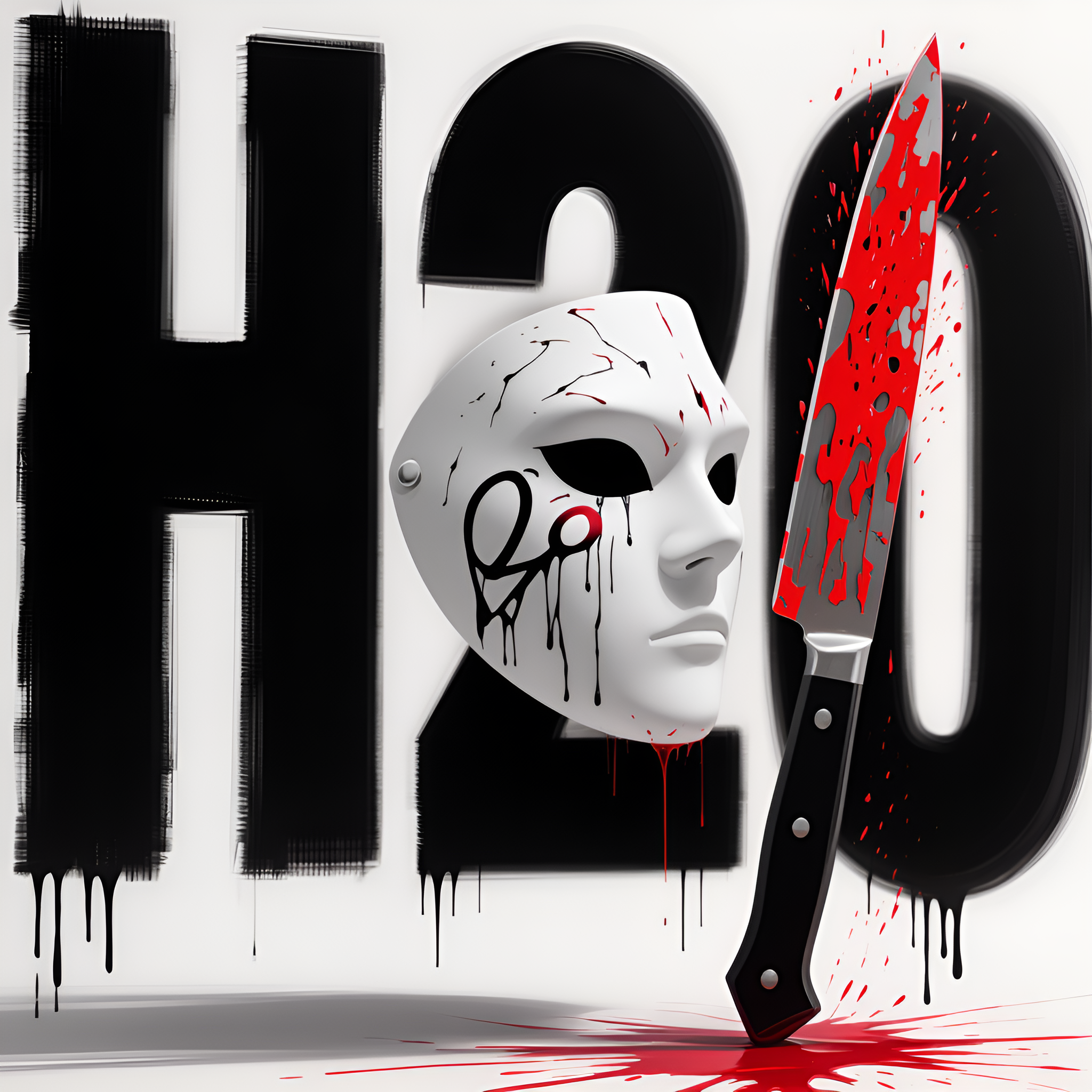 (No humans) Floating on a White Background, A Full Face White Mask next to a Bloodied Chef's Knife with the Title "H20"