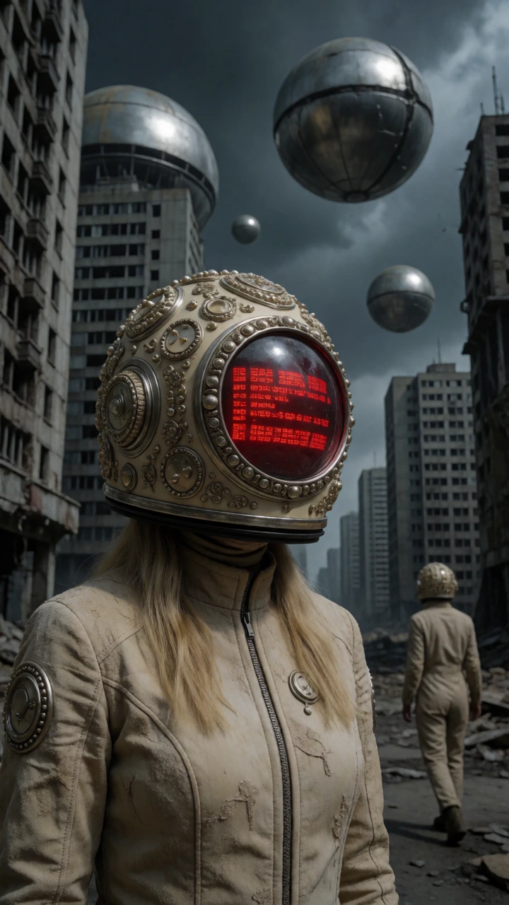 a sci fi scene features a person with a highly detailed, embellished beige helmet and matching suit. the helmet has a round, red glowing screen displaying garbled text. the suit is textured beige with a front zipper. long blonde hair is visible under