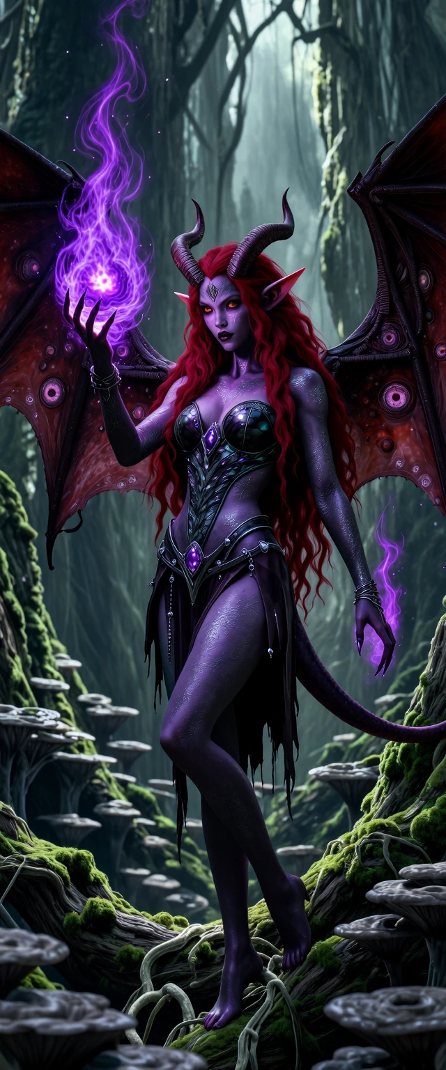 ​A highly detailed, photorealistic, cinematic fantasy photograph of a beautiful and fierce female demon-sprite. She has deep charcoal-purple skin with intricate, subtle silver and grey filigree patterns, wild, flowing crimson-red hair, curved dark ho