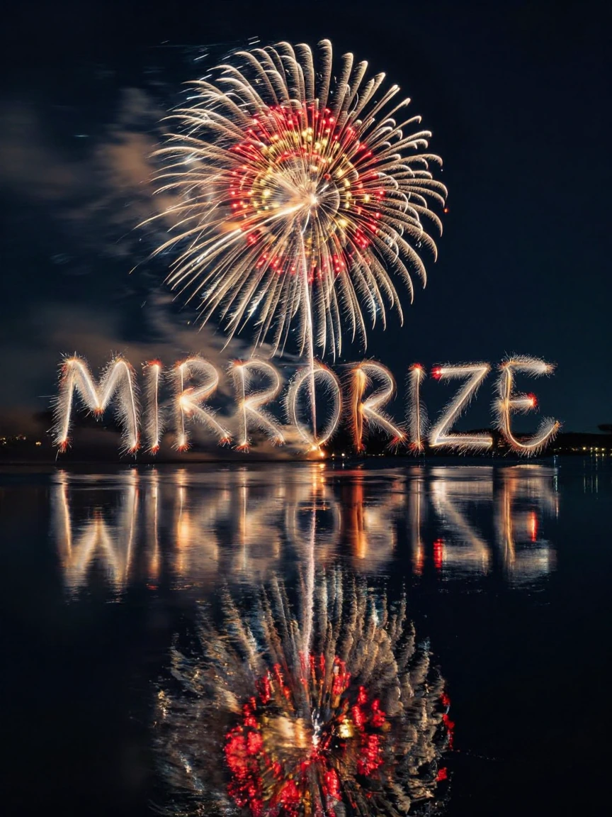 Fireworks exploding above a glassy lake at night, burst centered and mirrored in still water below—long exposure capturing light trails that form the 