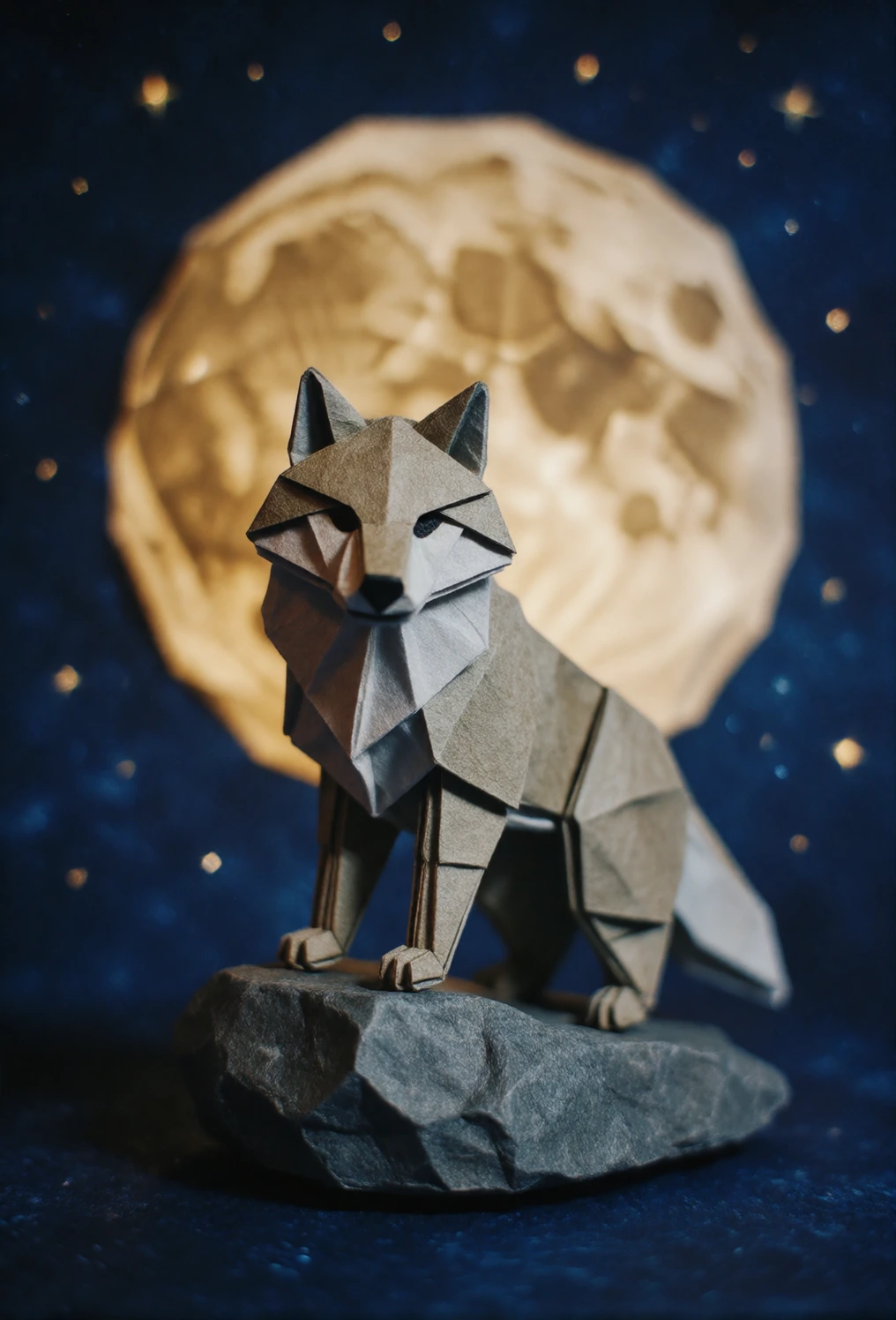 an origami wolf guarding a paper moon
