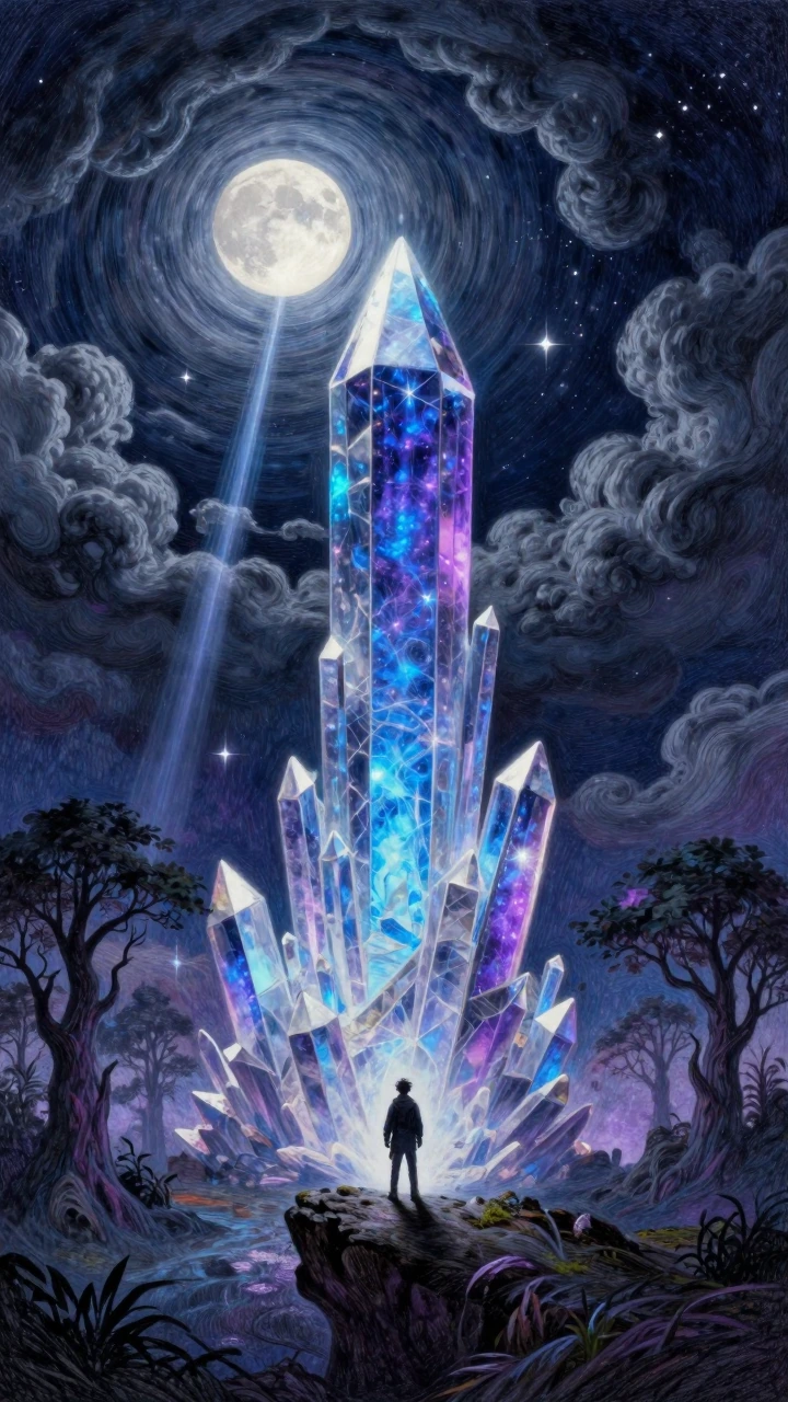 Epic 9:16 fantasy landscape at night, towering crystal spire glowing with inner blue and purple light under a starry sky, powerful moonlight beams cutting through swirling storm clouds, lone wanderer silhouette on the edge, ancient trees, magical and