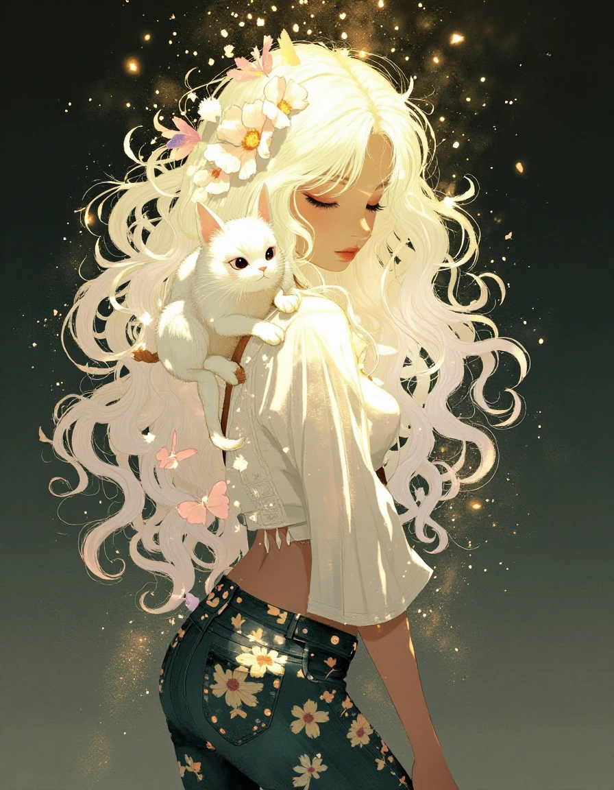soft illustration of a woman with platinum hair and big flowers, fluffy white cat on shoulder , wearing floral jeans and a cropped peasant blouse, hig