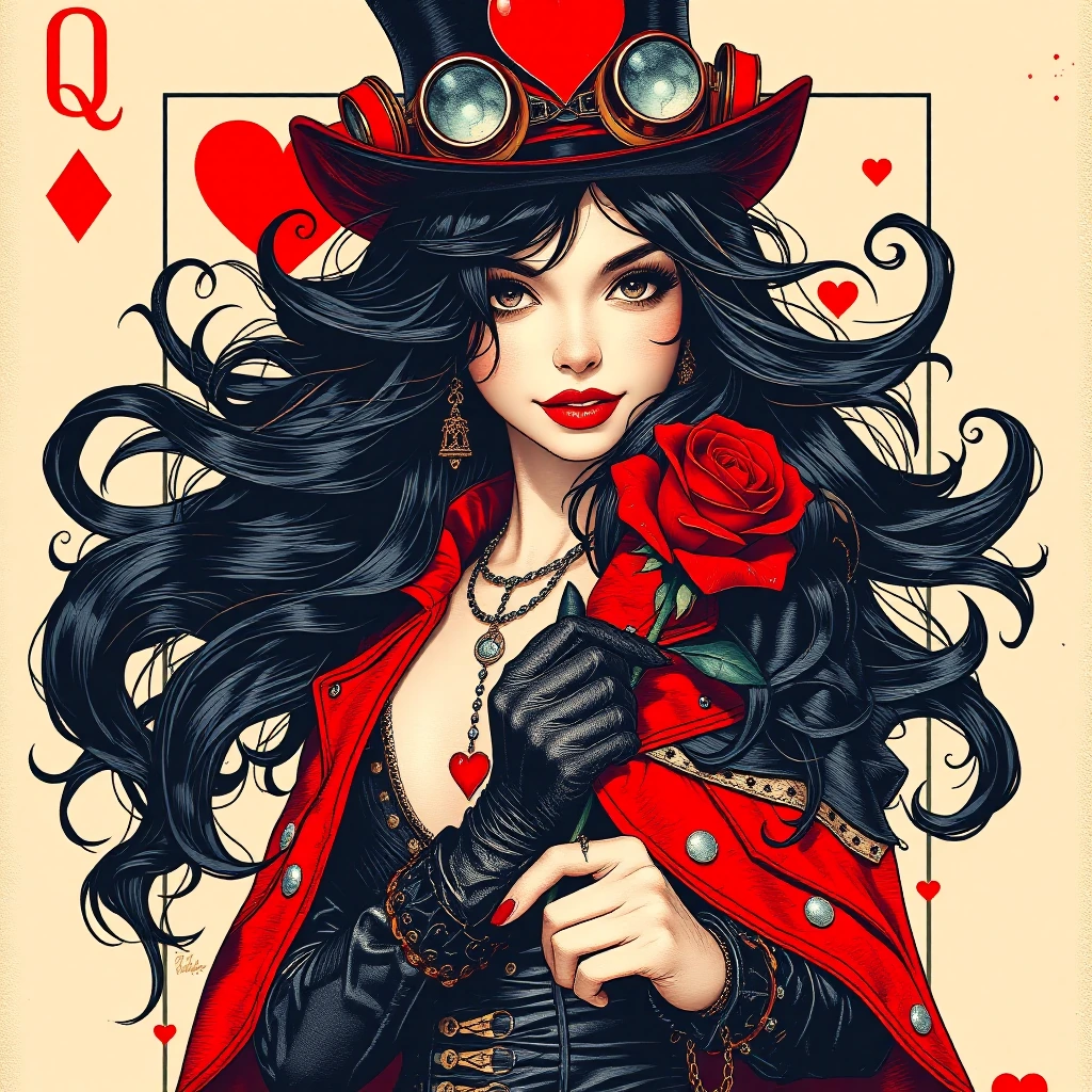 Steampunk art style of a full body highly detailed illustration of stunning small waist and hips, mid 20 year old female, very long flowing messy blac