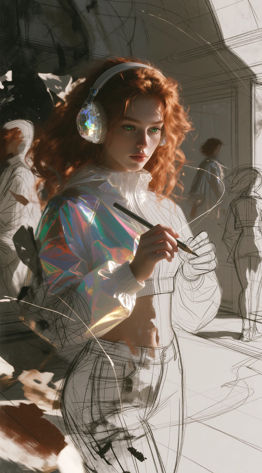 Create a surreal, emotionally powerful portrait-format cinematic fine-art illustration for Day 6 of The Unfinished Challenge: SELF. Title: SELF STILL DRAWING HERSELF At the center of the image is MAC: Stunning mid-20s female Social Media Manager, cas