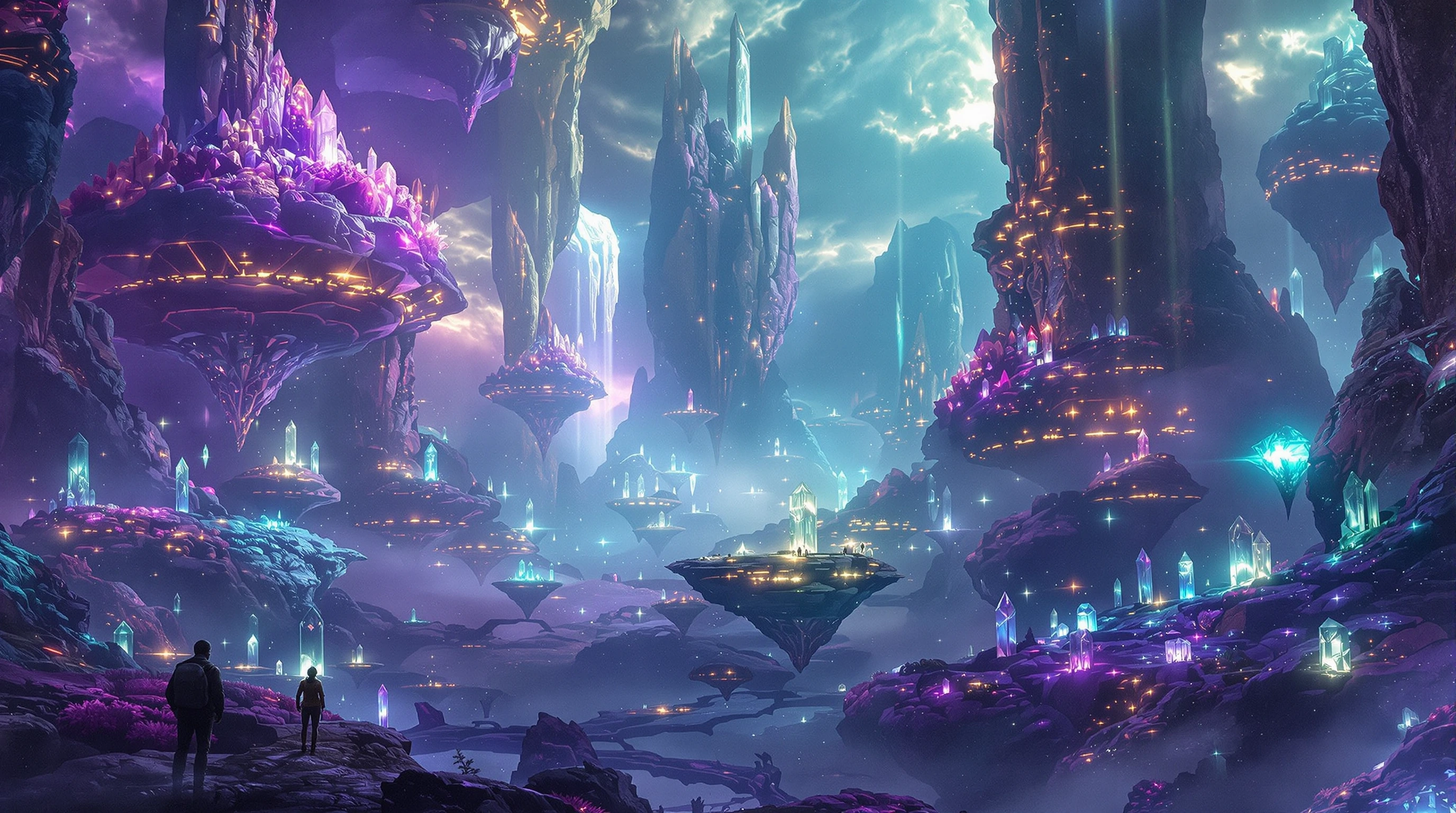 a breathtaking alien world never before seen, floating crystalline structures suspended in a luminous atmosphere, bioluminescent flora casting ethereal light across impossible terrain, surreal landscape with gravity-defying rock formations, iridescen