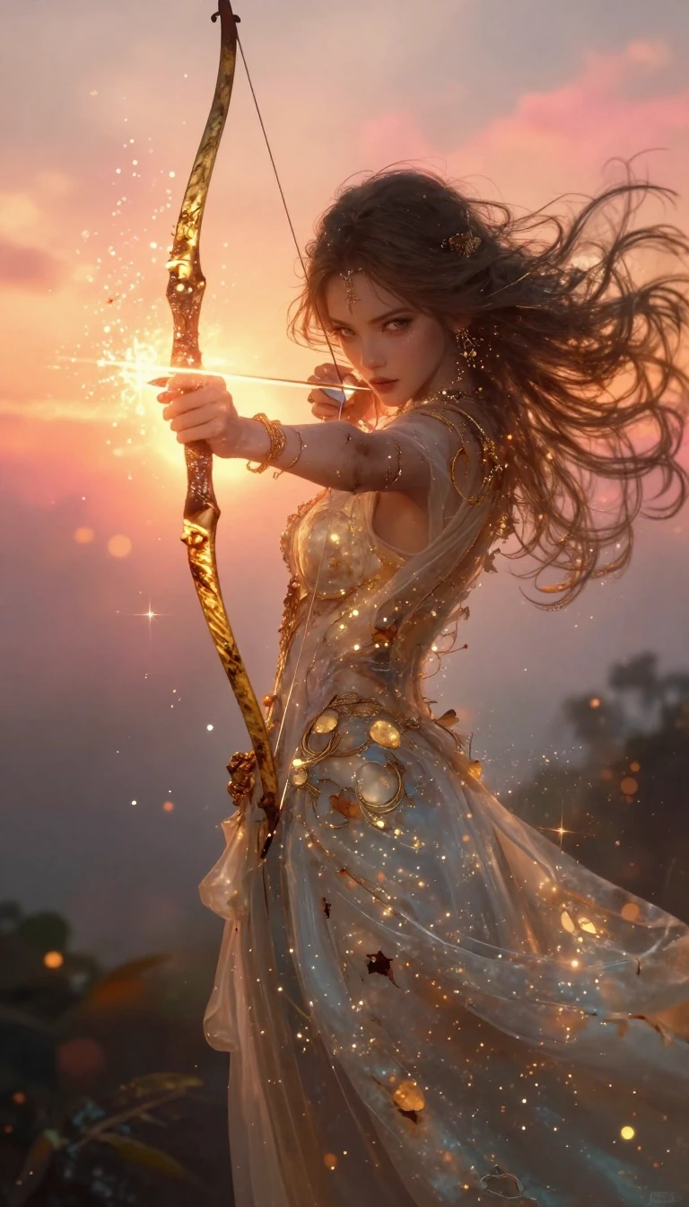 Mystical ethereal fantasy scene of a powerful female archer drawing a radiant golden bow, aiming a glowing arrow with sparkling light particles and tr