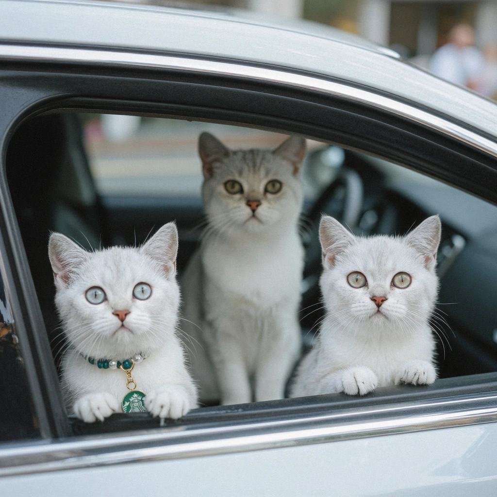 Cute kittens in a car ordering Starbucks
