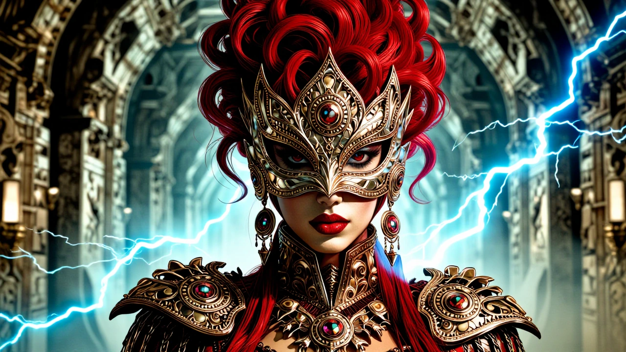 close up, Extreme Insect themed jewellery, heavy vivid makeup, elaborate high beehive styled vivid red hair, bejewelled goddess costume, bejewelled costume mask, tall, supermodel, slender, lustrous hair, background showing a clean room with pure whit