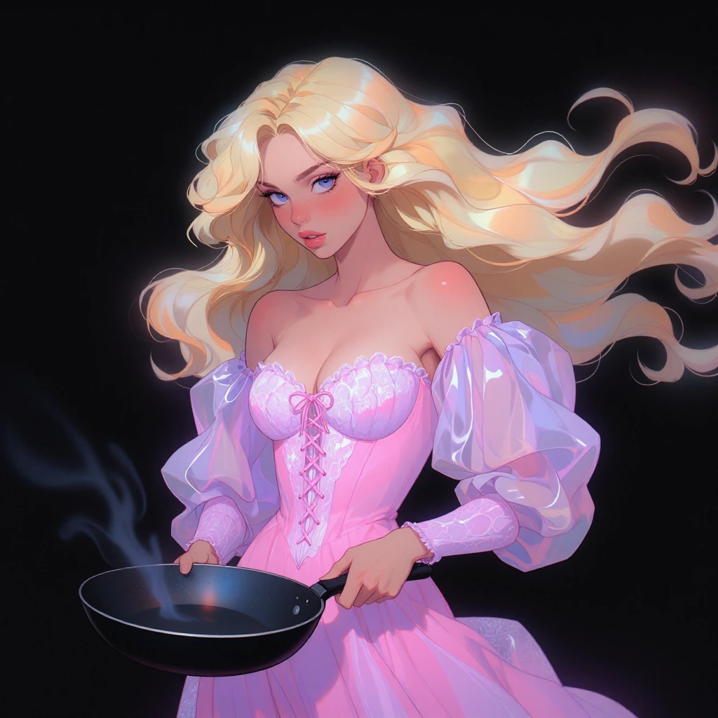 (flat color:2), (no lineart:1), (no outline:1), (Flat vector:1),A lone blonde woman with piercing blue eyes and voluminous long hair stands against a stark dark backdrop, clad in a revealing pink-purple corseted gown with lace-up front and sheer puff