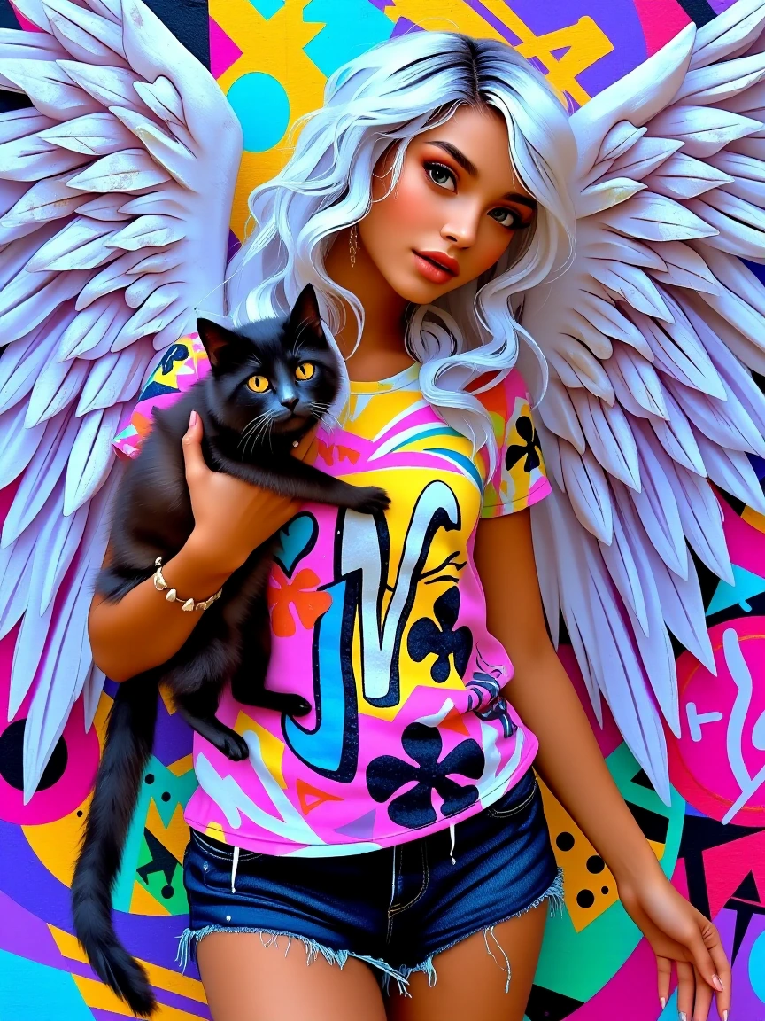 Woman angel, platinum hair with a fluffy cat, pastel art t-shirt, and cutoffs, photograph, graffiti