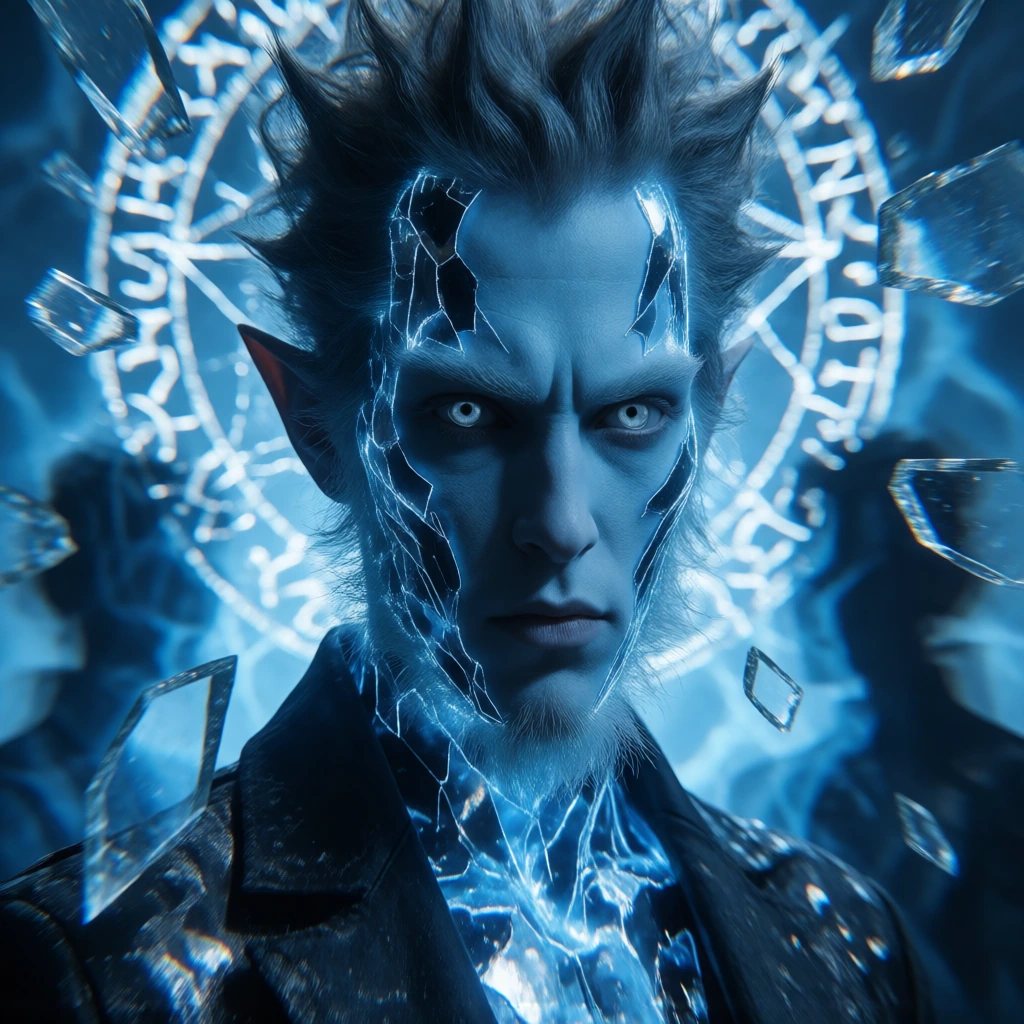 Vampire-werewolf hybrid with luminescent blue porcelain skin and pulsing white eyes—each iris centered with an inverted tarnished gold cross. Face mid-transformation: fractured porcelain shards peeling away to expose raw flesh and shifting fangs bene