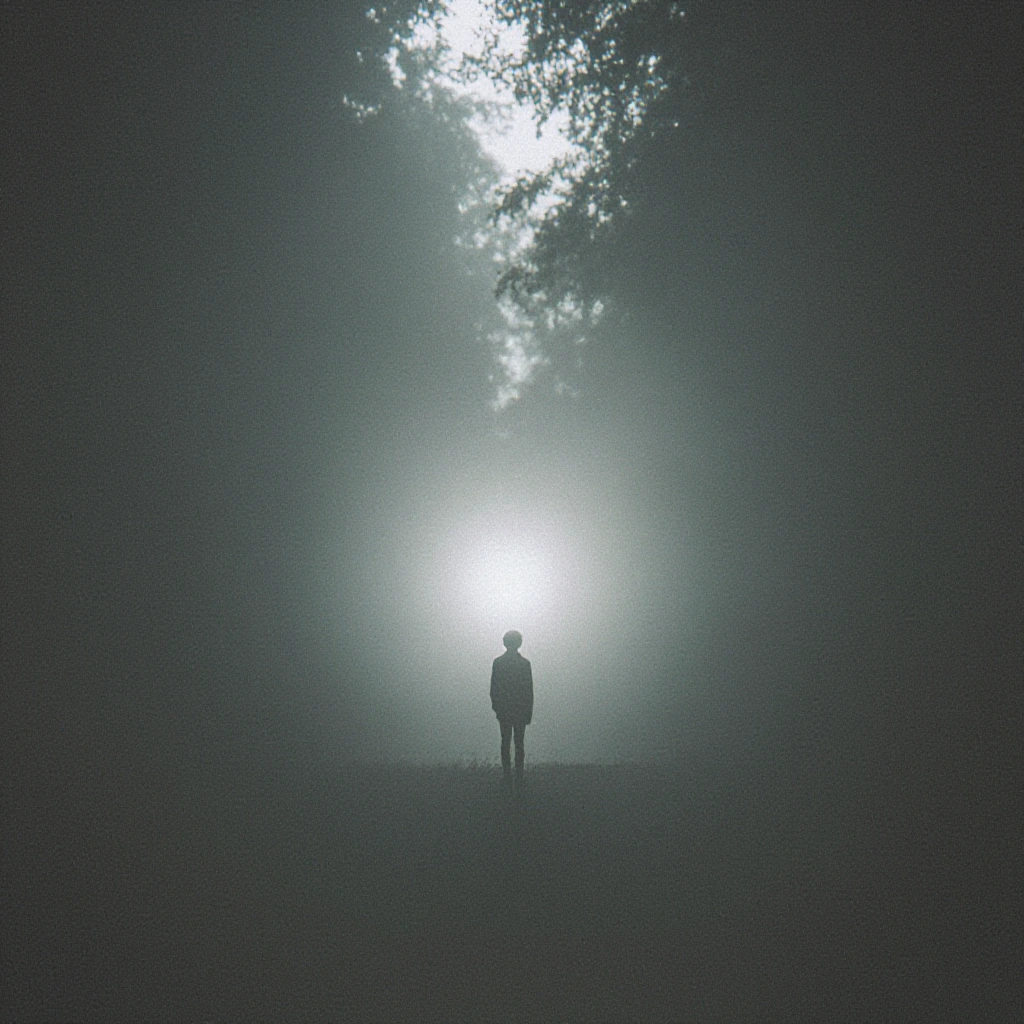 atmospheric dreamscape with lone figure in misty forest, moody film-grain