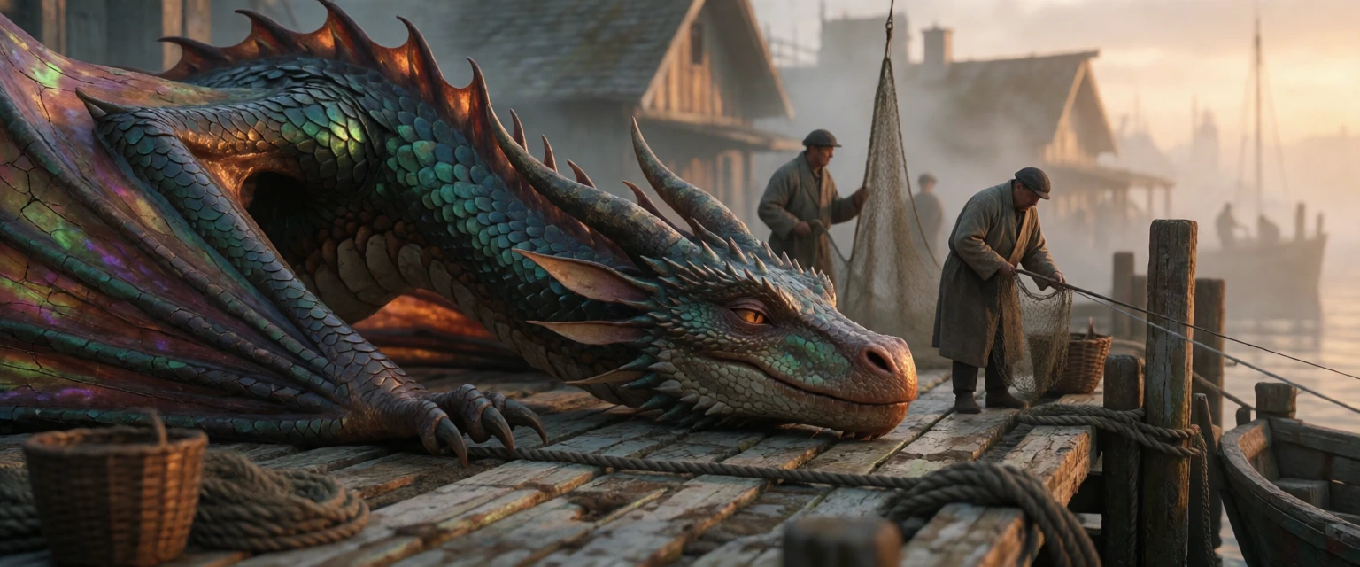 An enormous ancient dragon at rest on a weathered wooden dock in a misty fishing village at golden hour—its scales deep emerald fading to burnished co