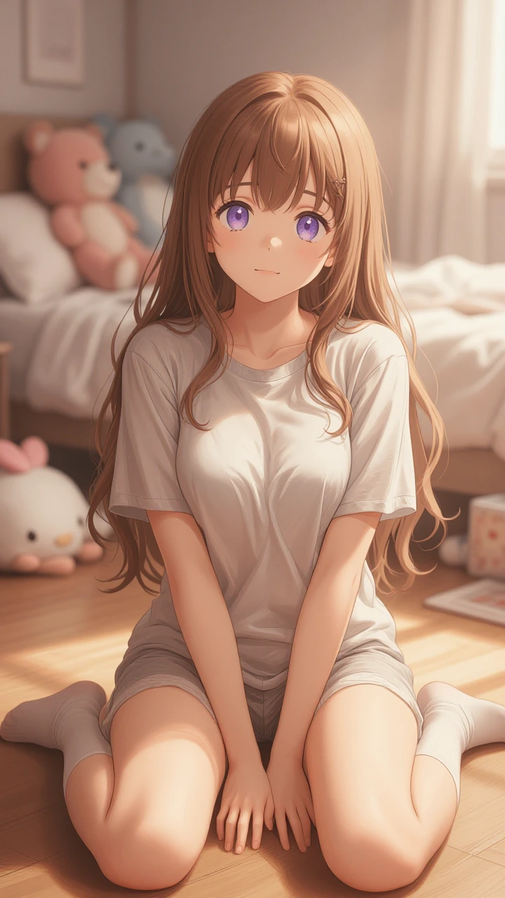 Anime-style illustration of a young woman with long wavy light-brown hair and large expressive violet eyes, sitting relaxed on a warm wooden floor with a soft gentle expression, casual cozy outfit: light gray t-shirt and matching shorts, thigh-high s